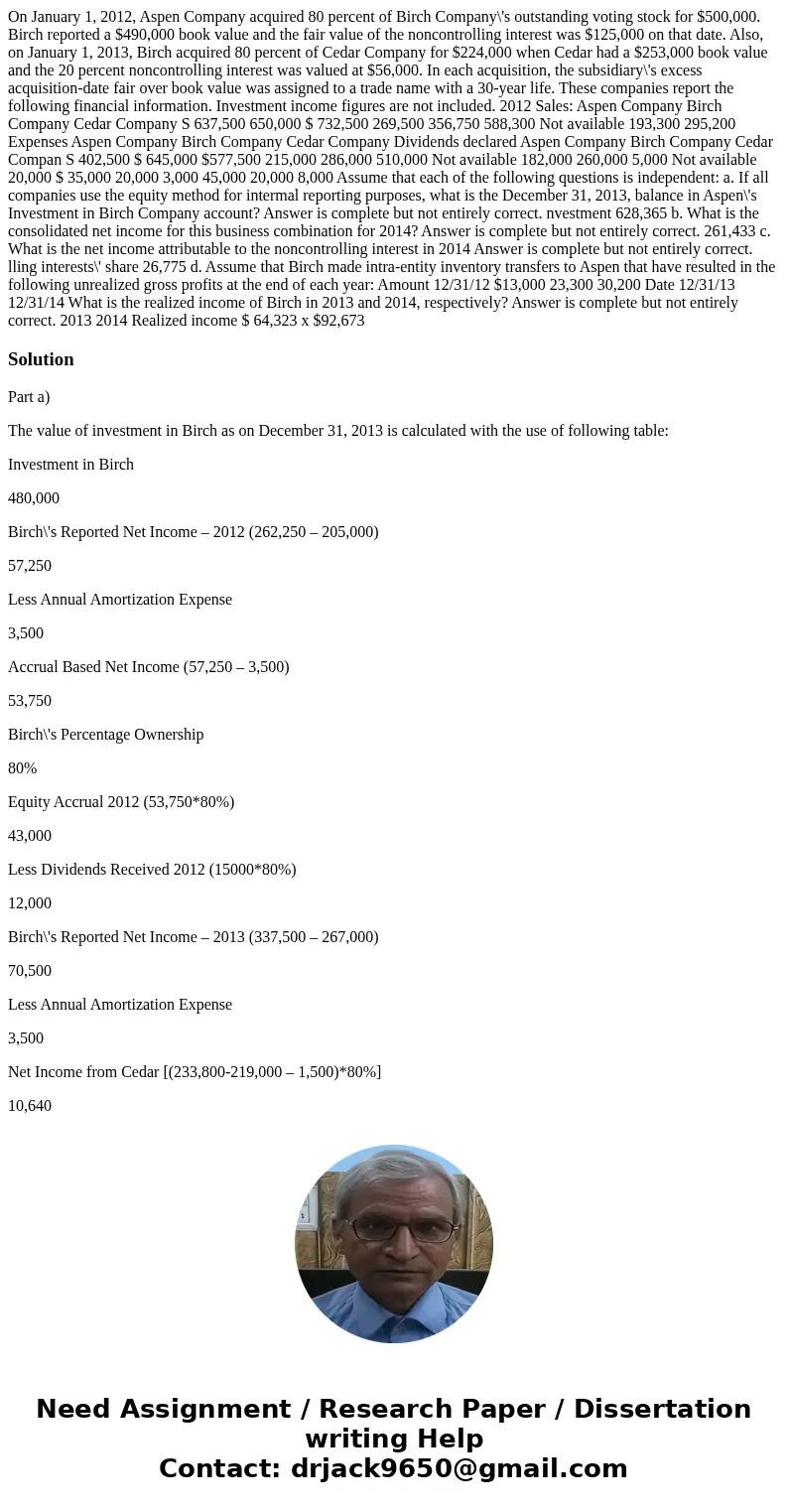  On January 1, 2012, Aspen Company acquired 80 percent of Birch Company\'s outstanding voting stock for $500,000. Birch reported a $490,000 book value and the f