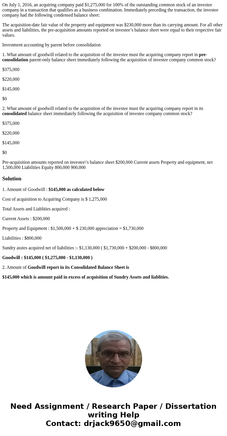 On July 1, 2016, an acquiring company paid $1,275,000 for 100% of the outstanding common stock of an investee company in a transaction that qualifies as a busin On July 1, 2016, an acquiring company paid $1,275,000 for 100% of the outstanding common stock of an investee company in a transaction that qualifies as a busin