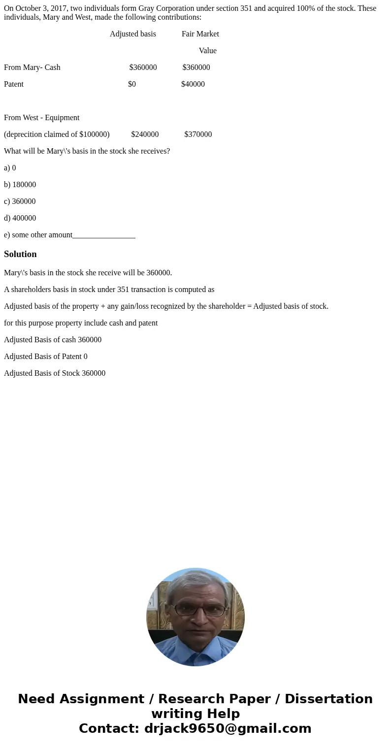 On October 3, 2017, two individuals form Gray Corporation under section 351 and acquired 100% of the stock. These individuals, Mary and West, made the following On October 3, 2017, two individuals form Gray Corporation under section 351 and acquired 100% of the stock. These individuals, Mary and West, made the following