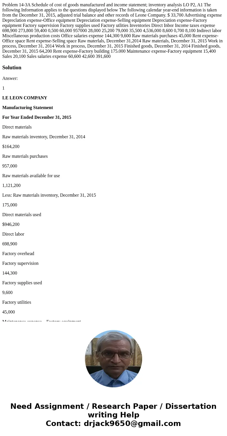  Problem 14-3A Schedule of cost of goods manufactured and income statement; inventory analysis LO P2, A1 The following Information applies to the questions disp