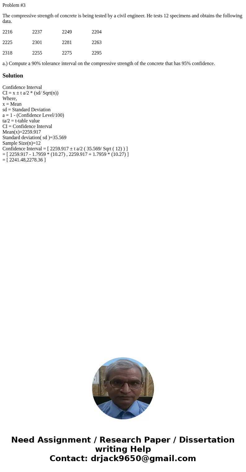 Problem #3 The compressive strength of concrete is being tested by a civil engineer. He tests 12 specimens and obtains the following data. 2216 2237 2249 2204 2 Problem #3 The compressive strength of concrete is being tested by a civil engineer. He tests 12 specimens and obtains the following data. 2216 2237 2249 2204 2