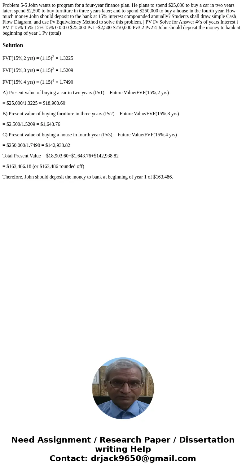 Problem 5-5 John wants to program for a four-year finance plan. He plans to spend $25,000 to buy a car in two years later; spend $2,500 to buy furniture in thr  Problem 5-5 John wants to program for a four-year finance plan. He plans to spend $25,000 to buy a car in two years later; spend $2,500 to buy furniture in thr