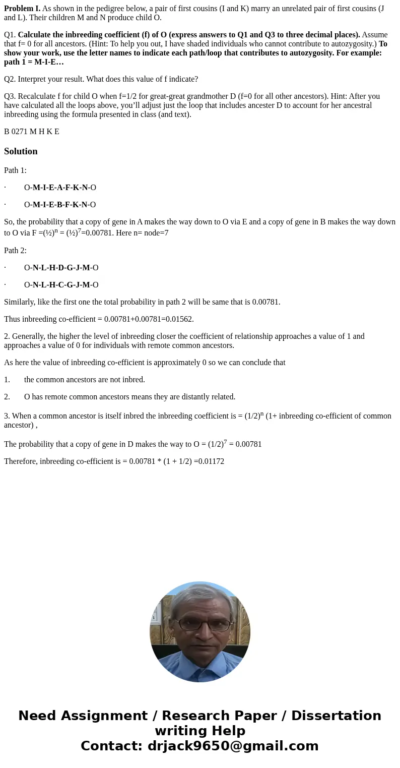 Problem I. As shown in the pedigree below, a pair of first cousins (I and K) marry an unrelated pair of first cousins (J and L). Their children M and N produce  Problem I. As shown in the pedigree below, a pair of first cousins (I and K) marry an unrelated pair of first cousins (J and L). Their children M and N produce