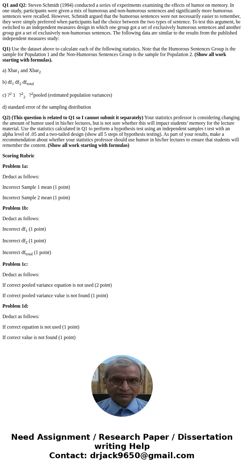 Q1 and Q2: Steven Schmidt (1994) conducted a series of experiments examining the effects of humor on memory. In one study, participants were given a mix of humo Q1 and Q2: Steven Schmidt (1994) conducted a series of experiments examining the effects of humor on memory. In one study, participants were given a mix of humo