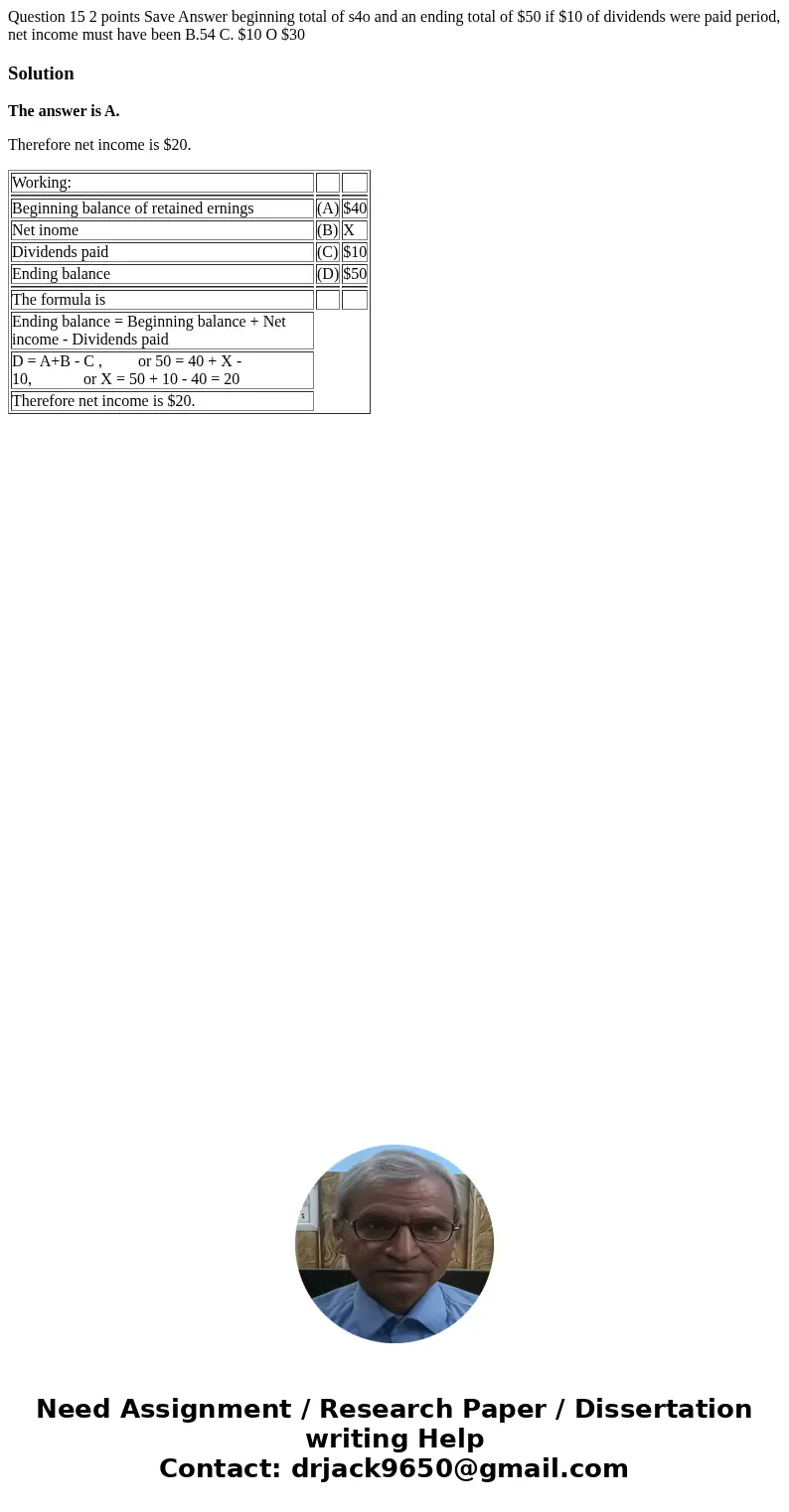  Question 15 2 points Save Answer beginning total of s4o and an ending total of $50 if $10 of dividends were paid period, net income must have been B.54 C. $10 