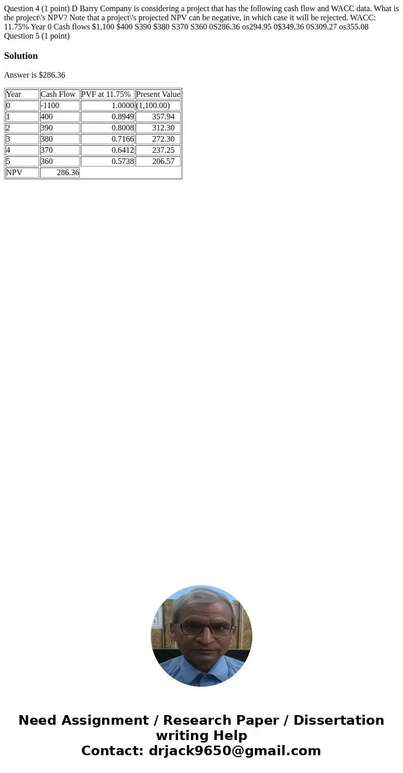  Question 4 (1 point) D Barry Company is considering a project that has the following cash flow and WACC data. What is the project\'s NPV? Note that a project\'