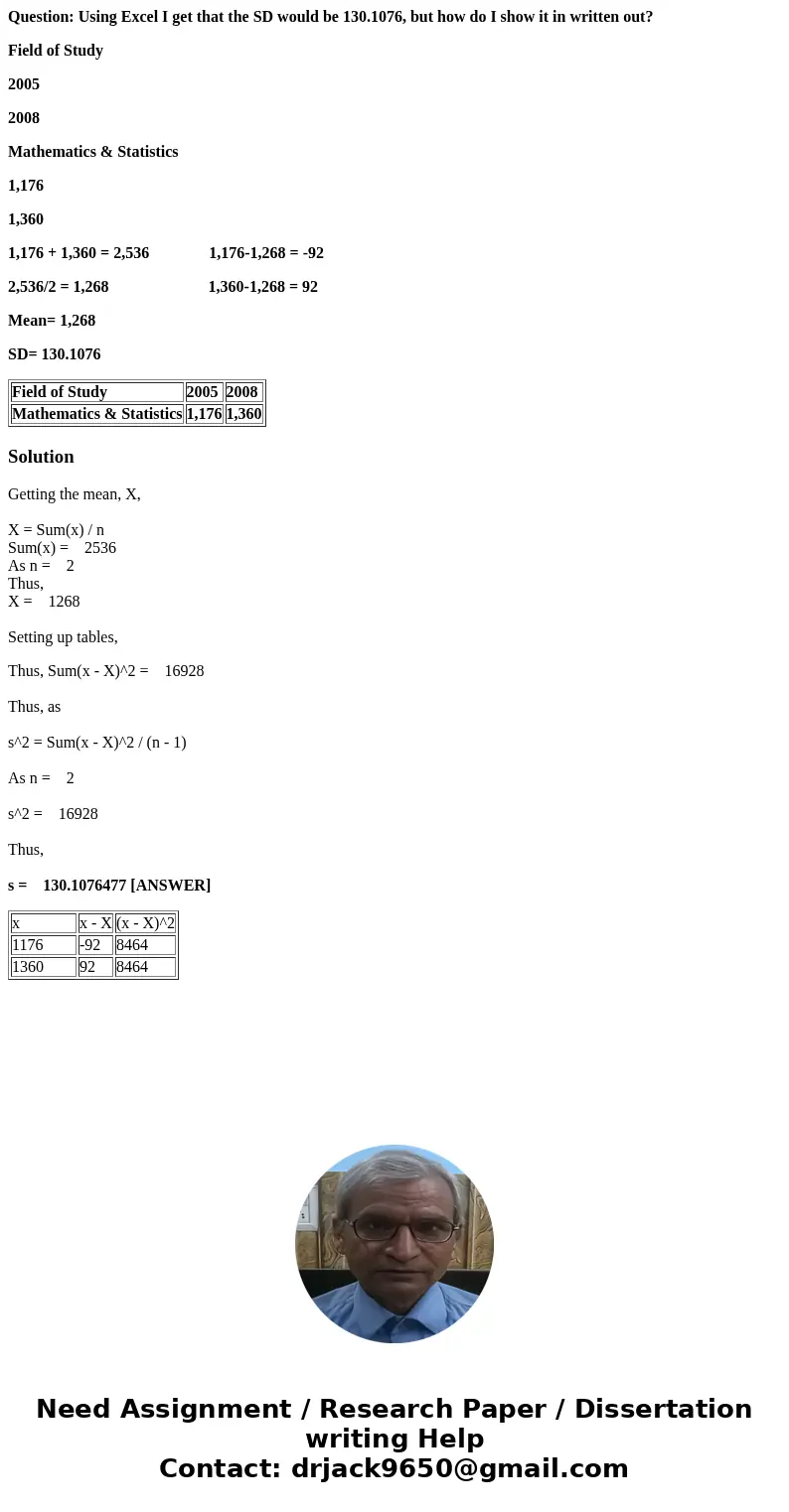 Question: Using Excel I get that the SD would be 130.1076, but how do I show it in written out? Field of Study 2005 2008 Mathematics & Statistics 1,176 1,36 Question: Using Excel I get that the SD would be 130.1076, but how do I show it in written out? Field of Study 2005 2008 Mathematics & Statistics 1,176 1,36