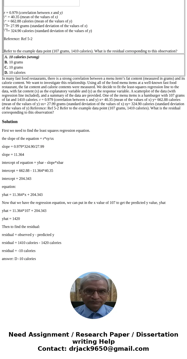 Reference: Ref 5-2 In many fast food restaurants, there is a strong correlation between a menu item\'s fat content (measured in grams) and its calorie content. 