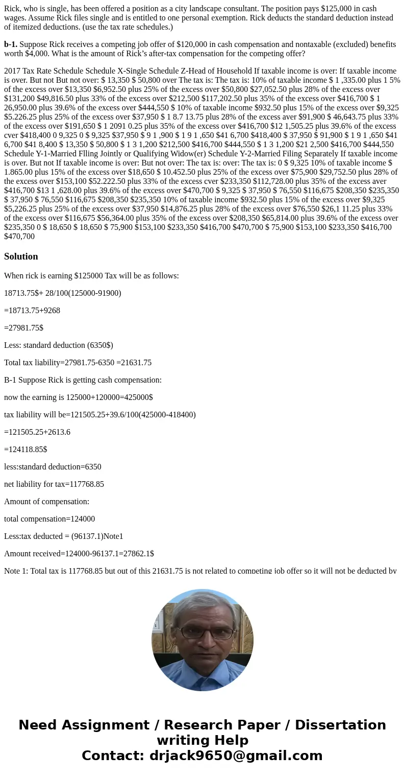 Rick, who is single, has been offered a position as a city landscape consultant. The position pays $125,000 in cash wages. Assume Rick files single and is entit Rick, who is single, has been offered a position as a city landscape consultant. The position pays $125,000 in cash wages. Assume Rick files single and is entit