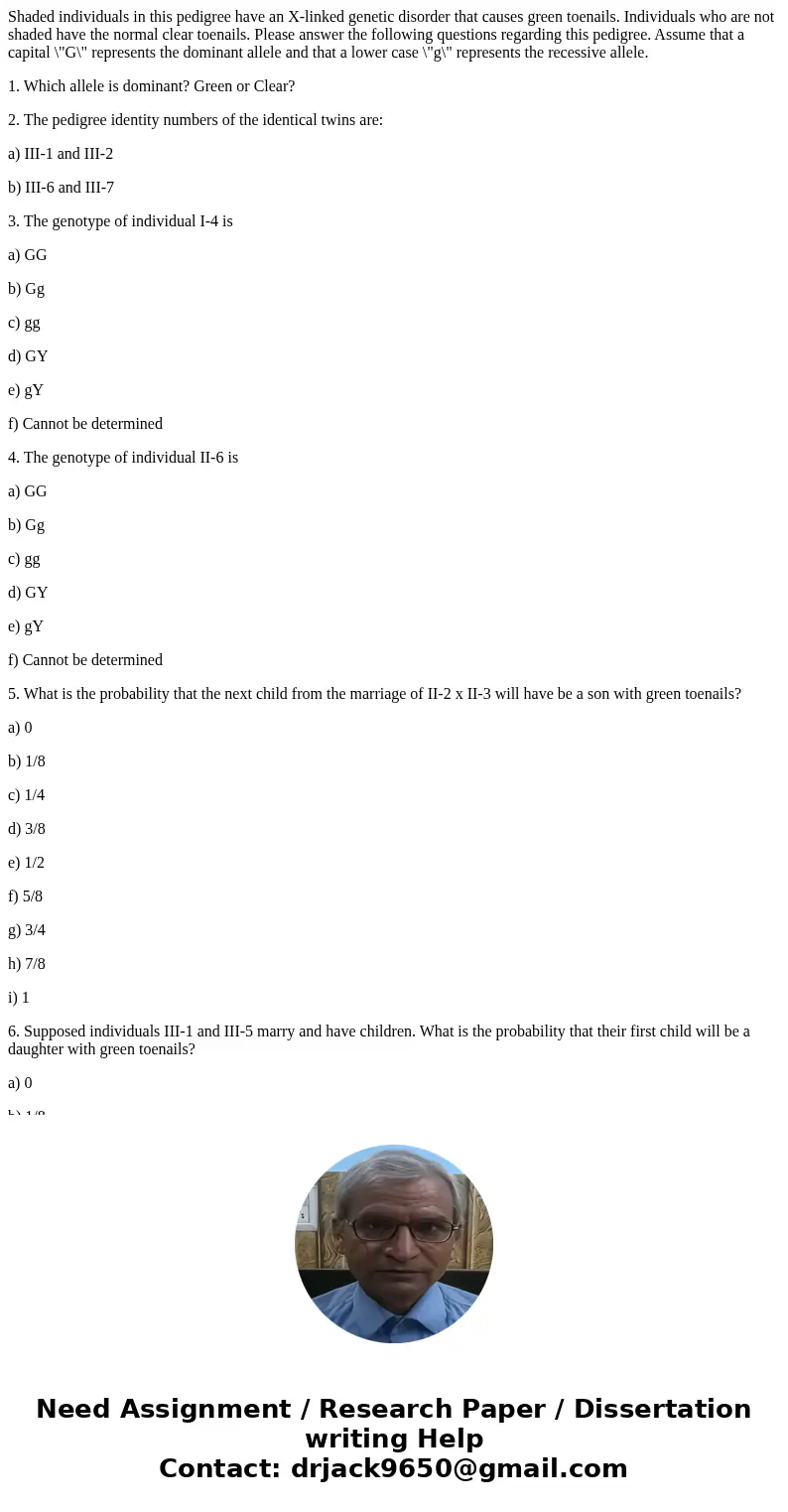 Shaded individuals in this pedigree have an X-linked genetic disorder that causes green toenails. Individuals who are not shaded have the normal clear toenails. Shaded individuals in this pedigree have an X-linked genetic disorder that causes green toenails. Individuals who are not shaded have the normal clear toenails.