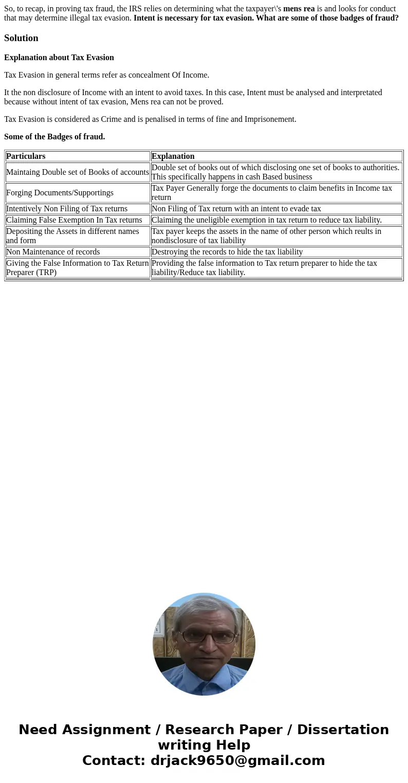 So, to recap, in proving tax fraud, the IRS relies on determining what the taxpayer\'s mens rea is and looks for conduct that may determine illegal tax evasion. So, to recap, in proving tax fraud, the IRS relies on determining what the taxpayer\'s mens rea is and looks for conduct that may determine illegal tax evasion.