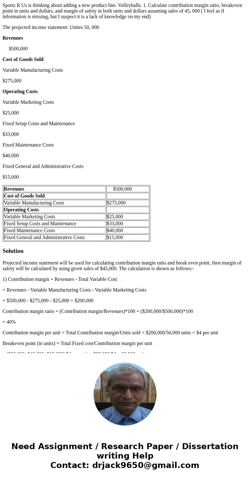 Sports R Us is thinking about adding a new product line. Volleyballs. 1. Calculate contribution margin ratio, breakeven point in units and dollars, and margin o Sports R Us is thinking about adding a new product line. Volleyballs. 1. Calculate contribution margin ratio, breakeven point in units and dollars, and margin o