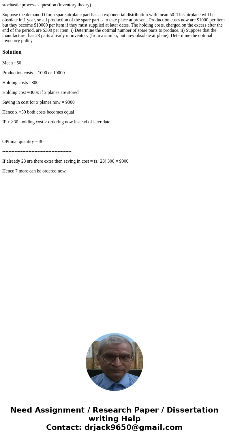 stochastic processes question (inventory theory) Suppose the demand D for a spare airplane part has an exponential distribution with mean 50. This airplane will stochastic processes question (inventory theory) Suppose the demand D for a spare airplane part has an exponential distribution with mean 50. This airplane will