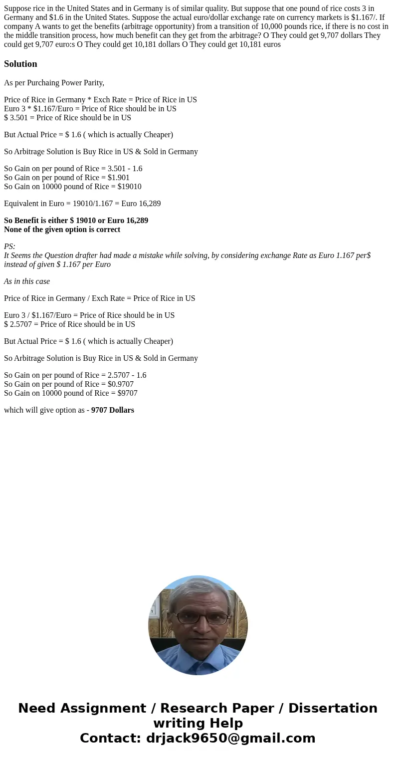 Suppose rice in the United States and in Germany is of similar quality. But suppose that one pound of rice costs 3 in Germany and $1.6 in the United States. Su  Suppose rice in the United States and in Germany is of similar quality. But suppose that one pound of rice costs 3 in Germany and $1.6 in the United States. Su