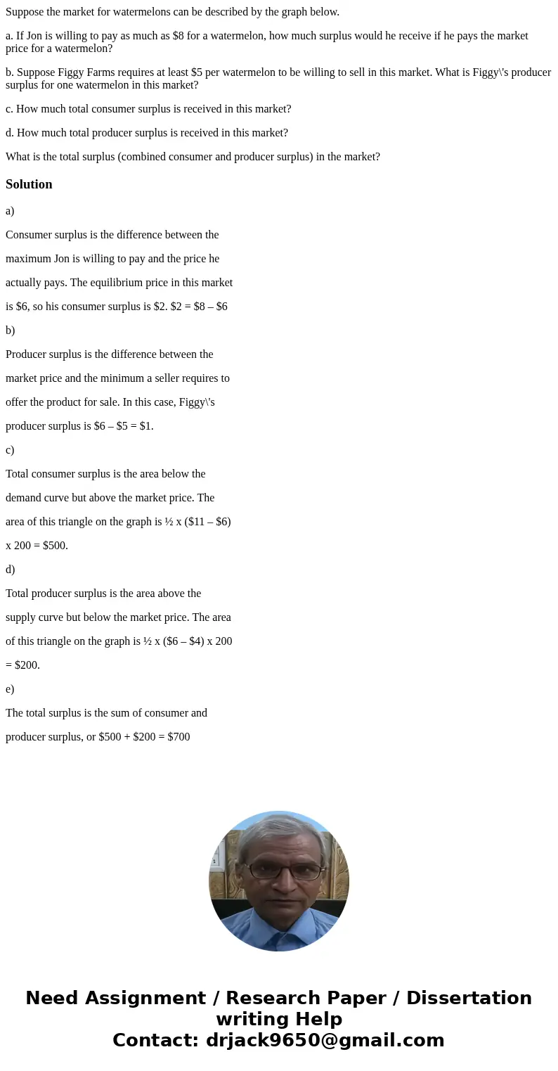 Suppose the market for watermelons can be described by the graph below. a. If Jon is willing to pay as much as $8 for a watermelon, how much surplus would he re Suppose the market for watermelons can be described by the graph below. a. If Jon is willing to pay as much as $8 for a watermelon, how much surplus would he re