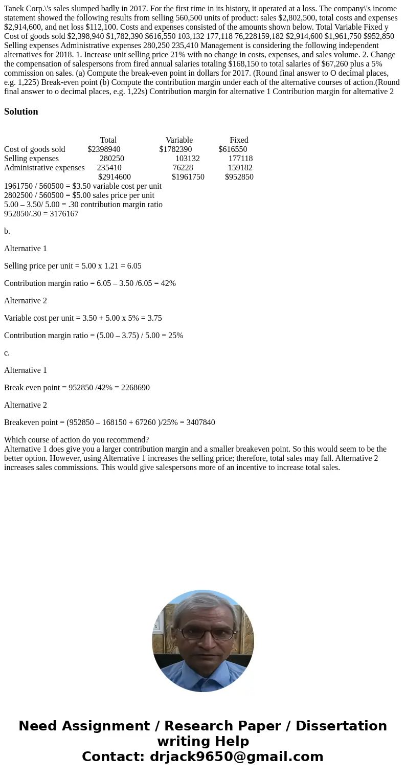 Tanek Corp.\'s sales slumped badly in 2017. For the first time in its history, it operated at a loss. The company\'s income statement showed the following resu  Tanek Corp.\'s sales slumped badly in 2017. For the first time in its history, it operated at a loss. The company\'s income statement showed the following resu