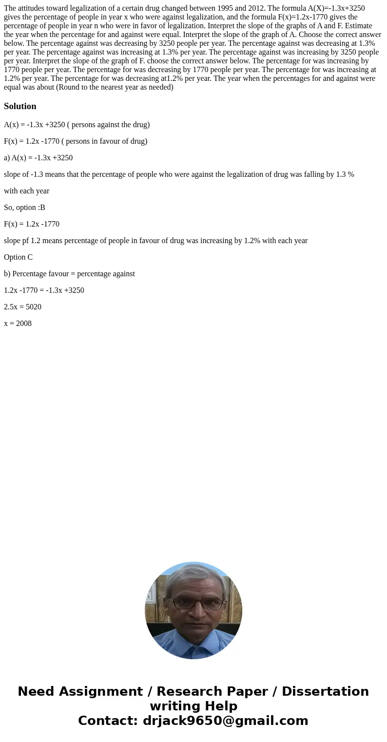 The attitudes toward legalization of a certain drug changed between 1995 and 2012. The formula A(X)=-1.3x+3250 gives the percentage of people in year x who wer  The attitudes toward legalization of a certain drug changed between 1995 and 2012. The formula A(X)=-1.3x+3250 gives the percentage of people in year x who wer