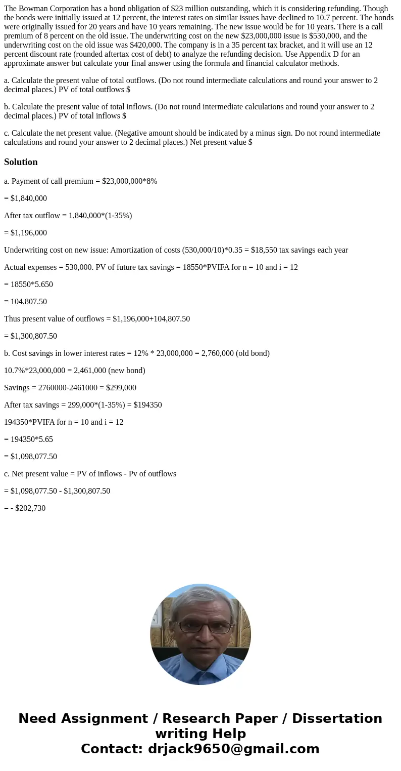 The Bowman Corporation has a bond obligation of $23 million outstanding, which it is considering refunding. Though the bonds were initially issued at 12 percent The Bowman Corporation has a bond obligation of $23 million outstanding, which it is considering refunding. Though the bonds were initially issued at 12 percent