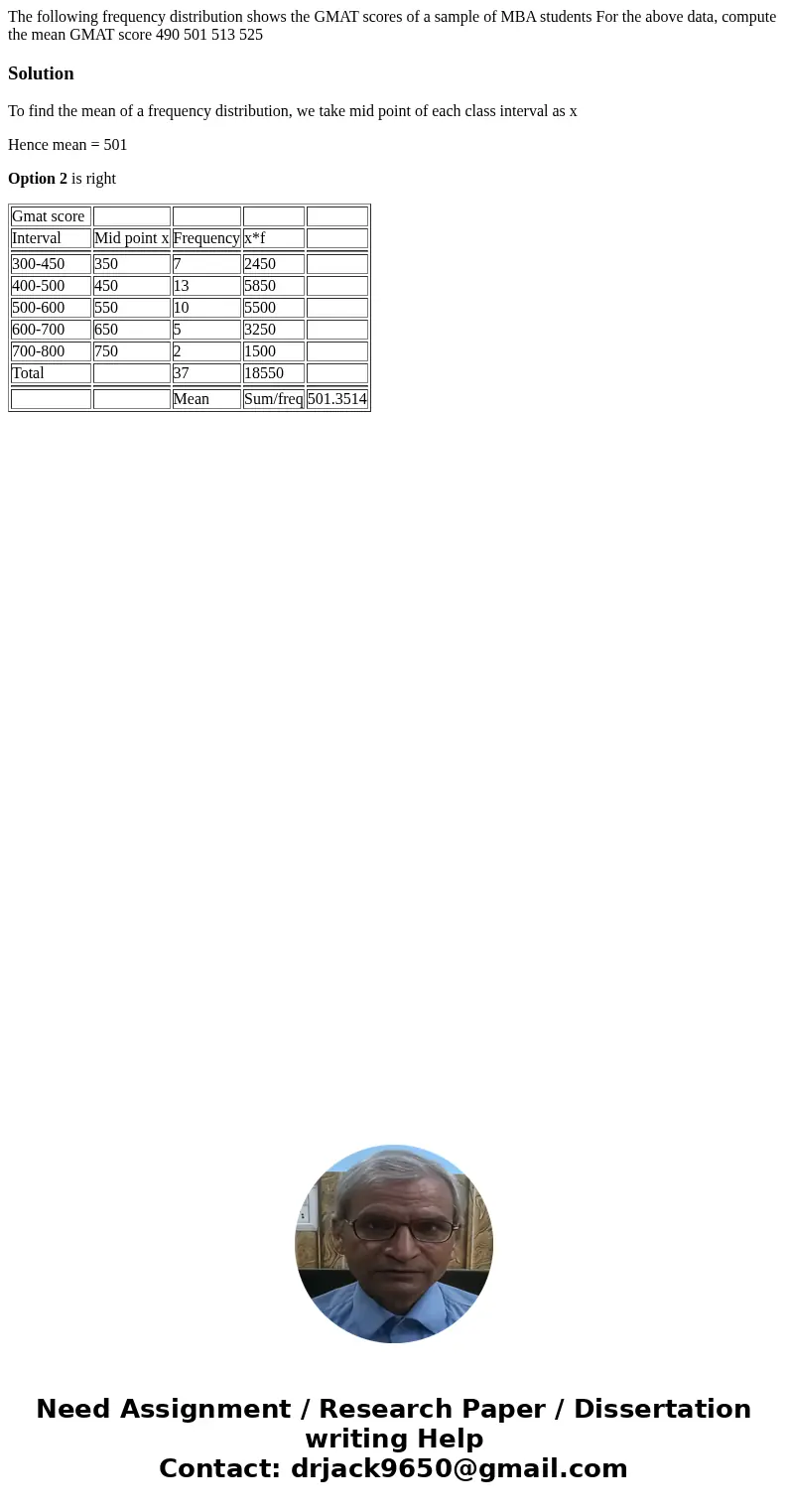 The following frequency distribution shows the GMAT scores of a sample of MBA students For the above data, compute the mean GMAT score 490 501 513 525 Solution  The following frequency distribution shows the GMAT scores of a sample of MBA students For the above data, compute the mean GMAT score 490 501 513 525 Solution