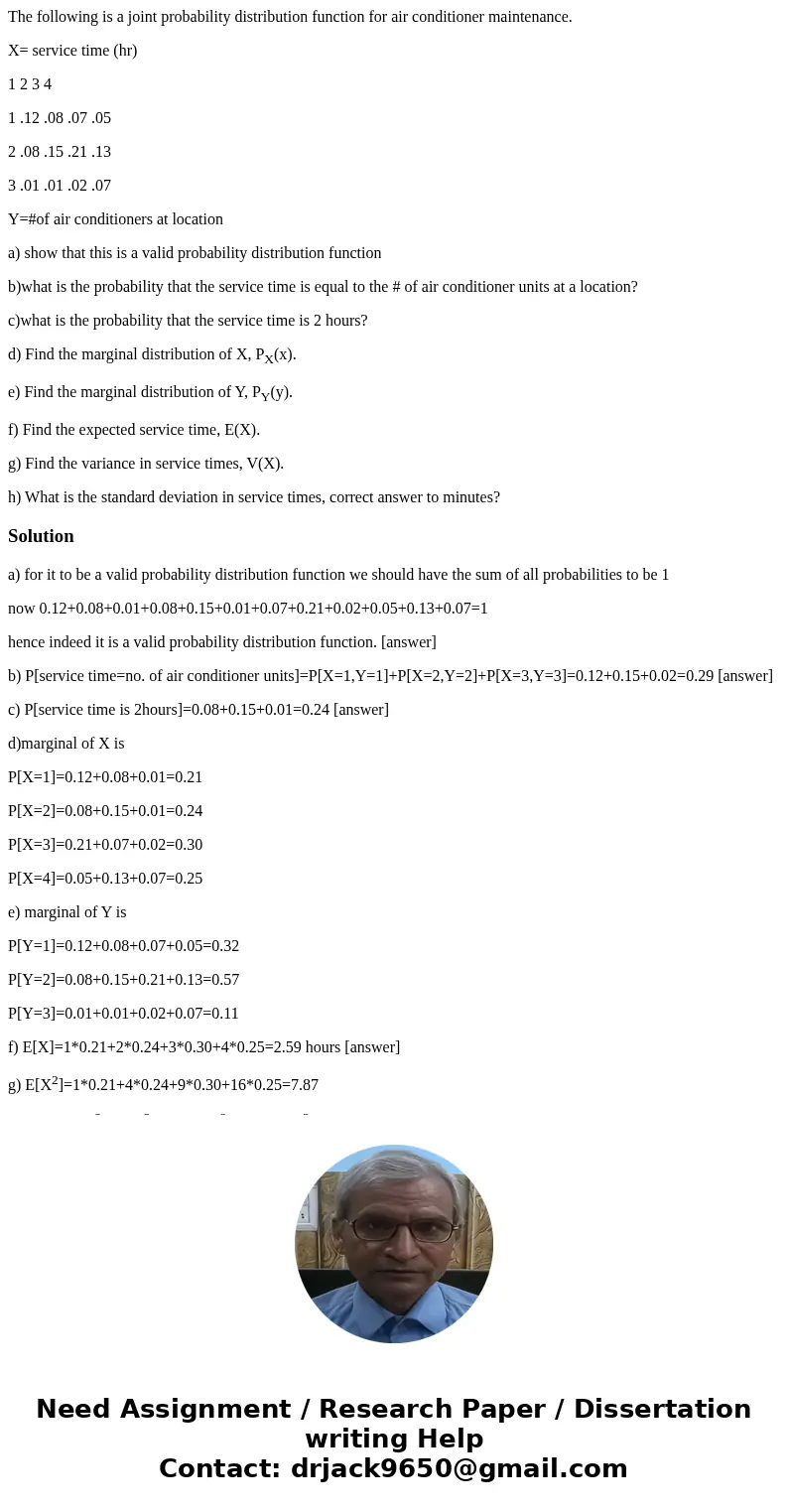 The following is a joint probability distribution function for air conditioner maintenance. X= service time (hr) 1 2 3 4 1 .12 .08 .07 .05 2 .08 .15 .21 .13 3 . The following is a joint probability distribution function for air conditioner maintenance. X= service time (hr) 1 2 3 4 1 .12 .08 .07 .05 2 .08 .15 .21 .13 3 .