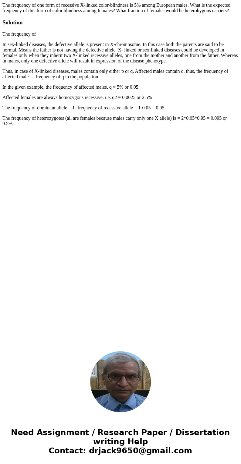 The frequency of one form of recessive X-linked color-blindness is 5% among European males. What is the expected frequency of this form of color blindness among The frequency of one form of recessive X-linked color-blindness is 5% among European males. What is the expected frequency of this form of color blindness among