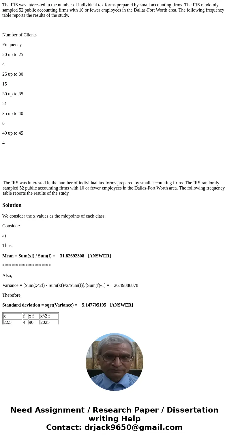 The IRS was interested in the number of individual tax forms prepared by small accounting firms. The IRS randomly sampled 52 public accounting firms with 10 or  The IRS was interested in the number of individual tax forms prepared by small accounting firms. The IRS randomly sampled 52 public accounting firms with 10 or