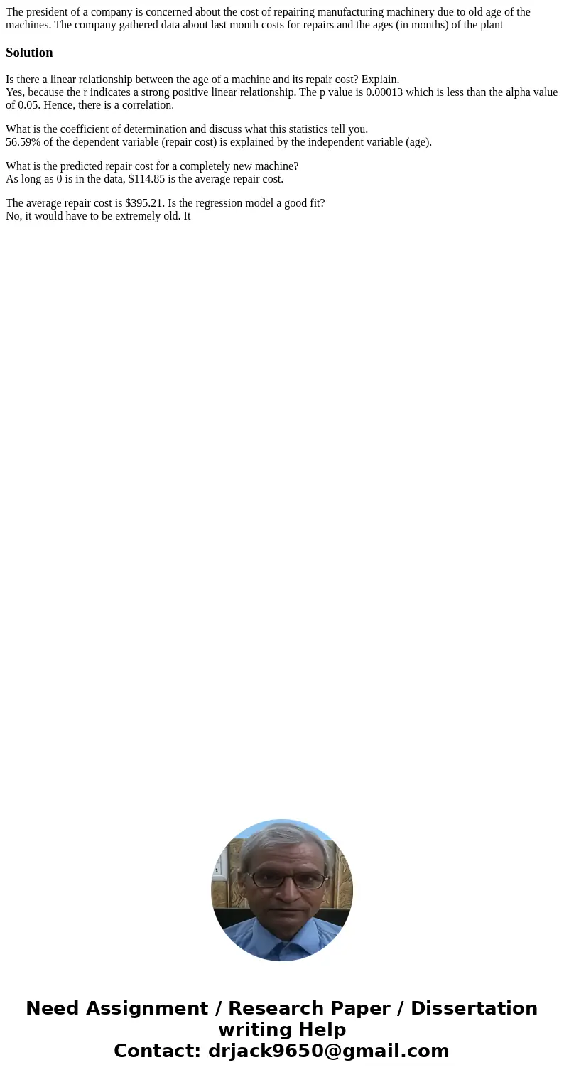 The president of a company is concerned about the cost of repairing manufacturing machinery due to old age of the machines. The company gathered data about last The president of a company is concerned about the cost of repairing manufacturing machinery due to old age of the machines. The company gathered data about last