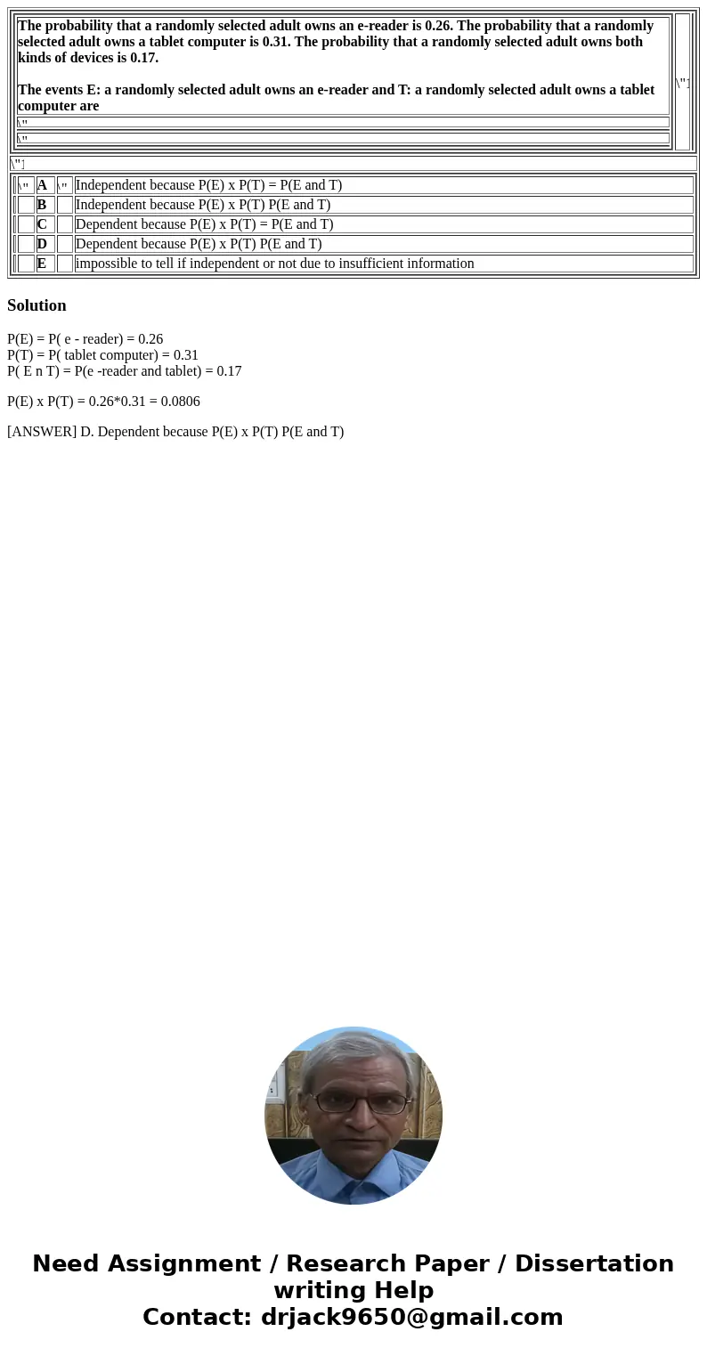  The probability that a randomly selected adult owns an e-reader is 0.26. The probability that a randomly selected adult owns a tablet computer is 0.31. The pro