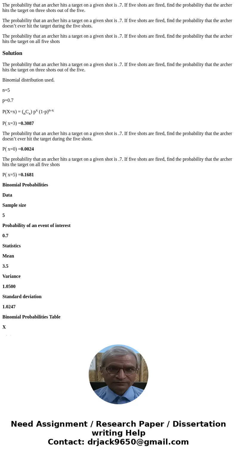 The probability that an archer hits a target on a given shot is .7. If five shots are fired, find the probability that the archer hits the target on three shots