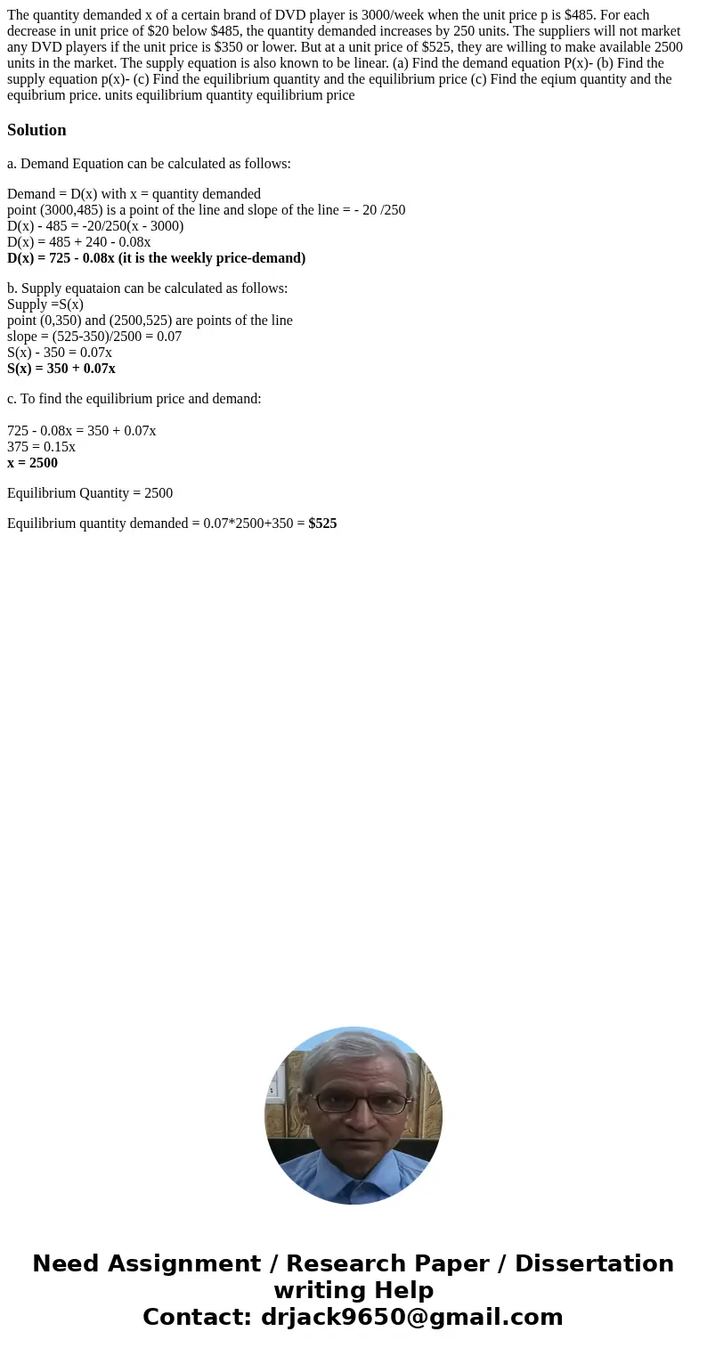 The quantity demanded x of a certain brand of DVD player is 3000/week when the unit price p is $485. For each decrease in unit price of $20 below $485, the qua  The quantity demanded x of a certain brand of DVD player is 3000/week when the unit price p is $485. For each decrease in unit price of $20 below $485, the qua