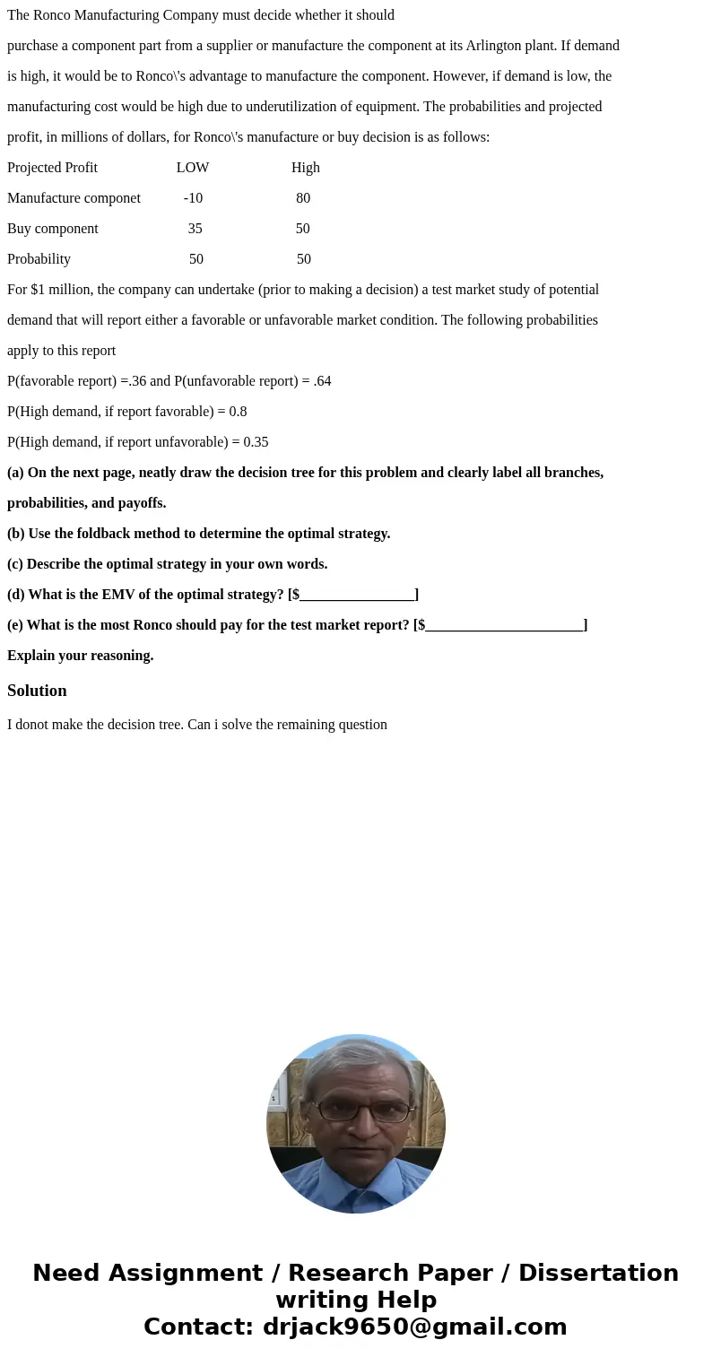 The Ronco Manufacturing Company must decide whether it should purchase a component part from a supplier or manufacture the component at its Arlington plant. If  The Ronco Manufacturing Company must decide whether it should purchase a component part from a supplier or manufacture the component at its Arlington plant. If