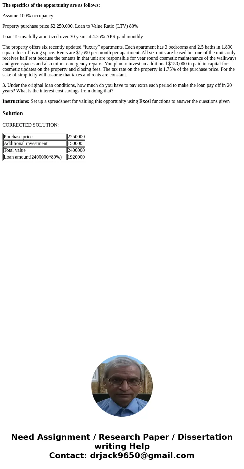 The specifics of the opportunity are as follows: Assume 100% occupancy Property purchase price $2,250,000. Loan to Value Ratio (LTV) 80% Loan Terms: fully amort The specifics of the opportunity are as follows: Assume 100% occupancy Property purchase price $2,250,000. Loan to Value Ratio (LTV) 80% Loan Terms: fully amort