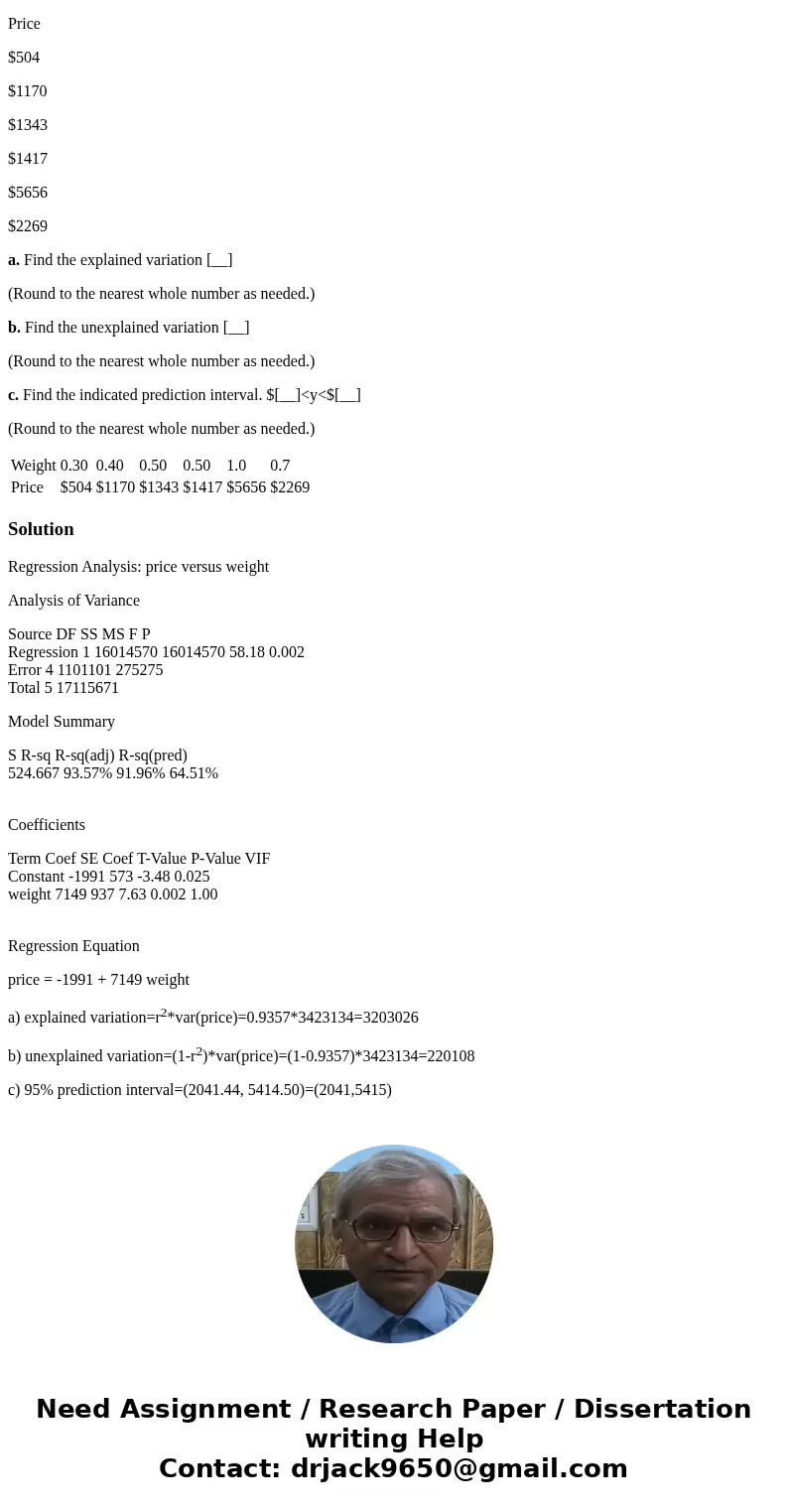 The table below lists weights (carats) and prices (dollars) of randomly selected diamonds. Find the (a) explained variation, (b) unexplained variation, and (c)  The table below lists weights (carats) and prices (dollars) of randomly selected diamonds. Find the (a) explained variation, (b) unexplained variation, and (c)