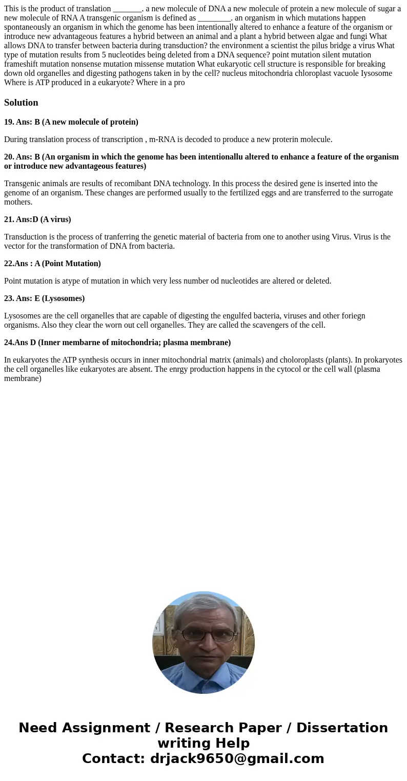 This is the product of translation _______. a new molecule of DNA a new molecule of protein a new molecule of sugar a new molecule of RNA A transgenic organism  This is the product of translation _______. a new molecule of DNA a new molecule of protein a new molecule of sugar a new molecule of RNA A transgenic organism