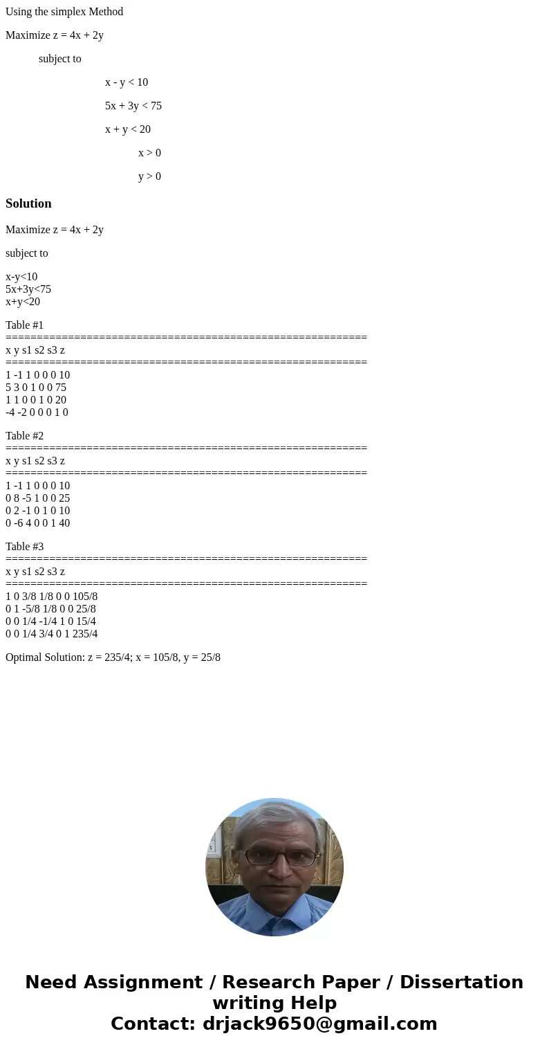 Using the simplex Method Maximize z = 4x + 2y subject to x - y < 10 5x + 3y < 75 x + y < 20 x > 0 y > 0SolutionMaximize z = 4x + 2y subject to x-