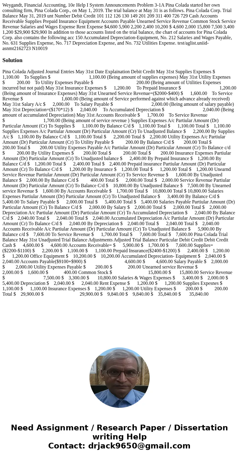 Weygandt, Financial Accounting, 10e Help I System Announcements Problem 3-1A Pina Colada started her own consulting firm, Pina Colada Corp., on May 1, 2019. Th  Weygandt, Financial Accounting, 10e Help I System Announcements Problem 3-1A Pina Colada started her own consulting firm, Pina Colada Corp., on May 1, 2019. Th