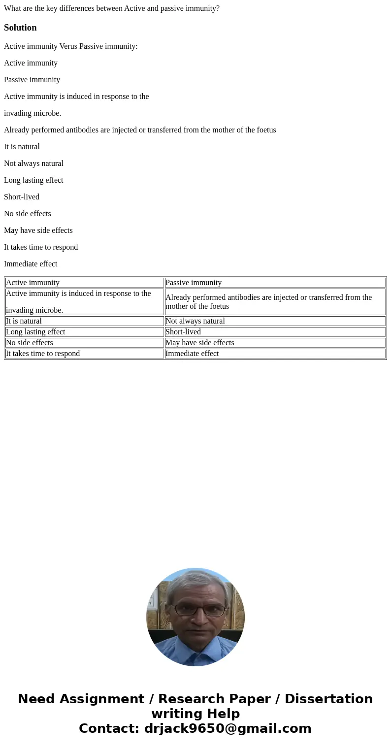 What are the key differences between Active and passive immunity?SolutionActive immunity Verus Passive immunity: Active immunity Passive immunity Active immunit What are the key differences between Active and passive immunity?SolutionActive immunity Verus Passive immunity: Active immunity Passive immunity Active immunit