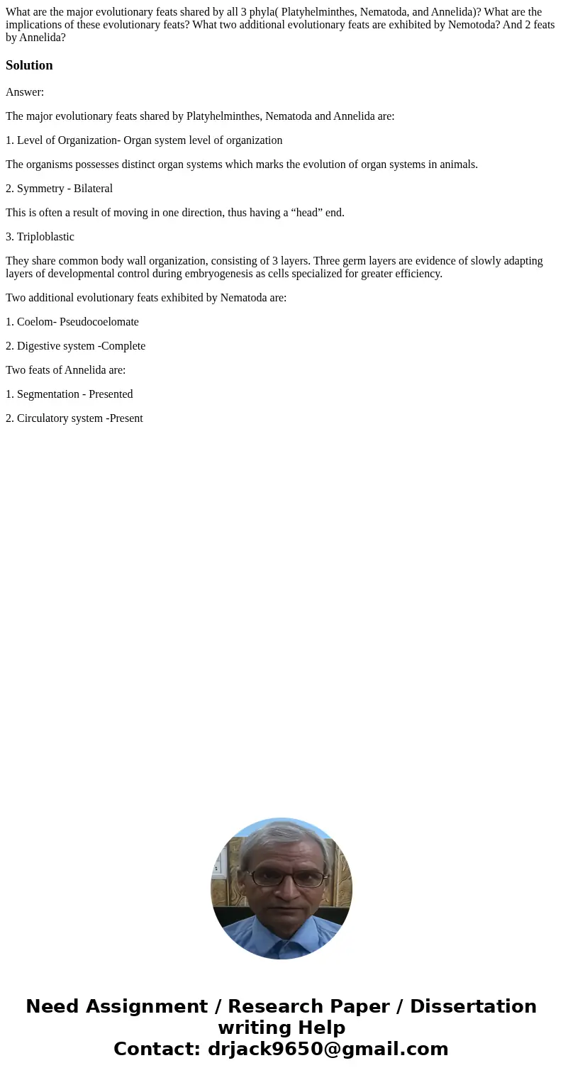 What are the major evolutionary feats shared by all 3 phyla( Platyhelminthes, Nematoda, and Annelida)? What are the implications of these evolutionary feats? Wh What are the major evolutionary feats shared by all 3 phyla( Platyhelminthes, Nematoda, and Annelida)? What are the implications of these evolutionary feats? Wh