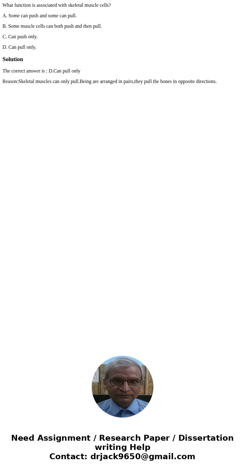 What function is associated with skeletal muscle cells? A. Some can push and some can pull. B. Some muscle cells can both push and then pull. C. Can push only.  What function is associated with skeletal muscle cells? A. Some can push and some can pull. B. Some muscle cells can both push and then pull. C. Can push only.