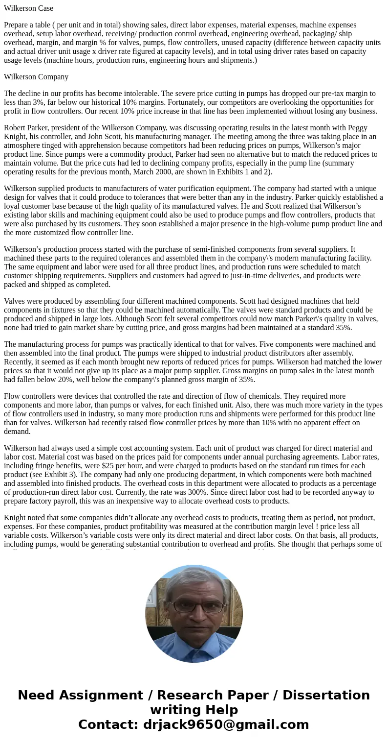 Wilkerson Case Prepare a table ( per unit and in total) showing sales, direct labor expenses, material expenses, machine expenses overhead, setup labor overhead Wilkerson Case Prepare a table ( per unit and in total) showing sales, direct labor expenses, material expenses, machine expenses overhead, setup labor overhead