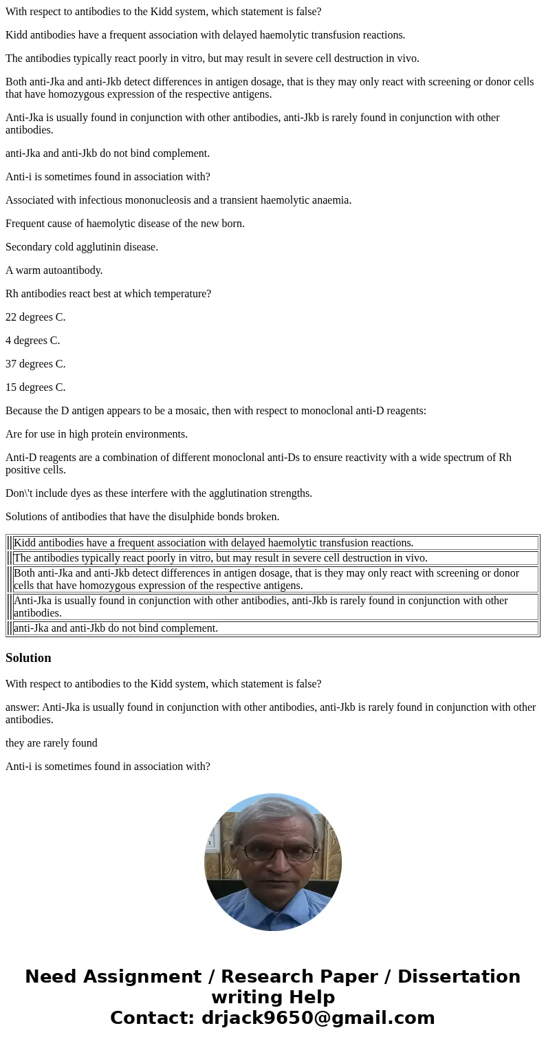 With respect to antibodies to the Kidd system, which statement is false? Kidd antibodies have a frequent association with delayed haemolytic transfusion reactio With respect to antibodies to the Kidd system, which statement is false? Kidd antibodies have a frequent association with delayed haemolytic transfusion reactio