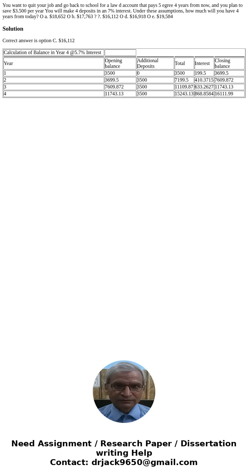  You want to quit your job and go back to school for a law d account that pays 5 egree 4 years from now, and you plan to save $3.500 per year You will make 4 de