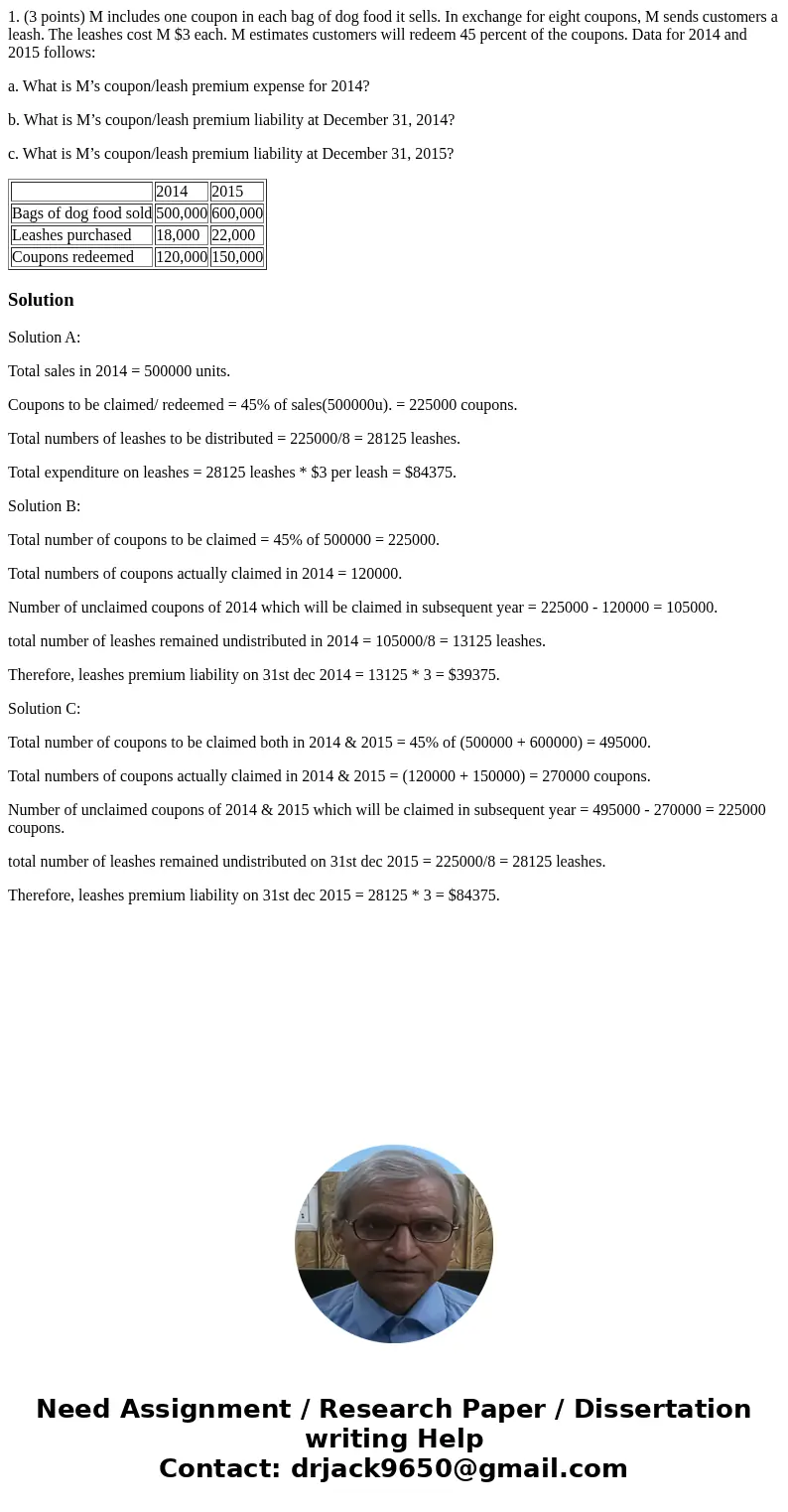 1. (3 points) M includes one coupon in each bag of dog food it sells. In exchange for eight coupons, M sends customers a leash. The leashes cost M $3 each. M es 1. (3 points) M includes one coupon in each bag of dog food it sells. In exchange for eight coupons, M sends customers a leash. The leashes cost M $3 each. M es