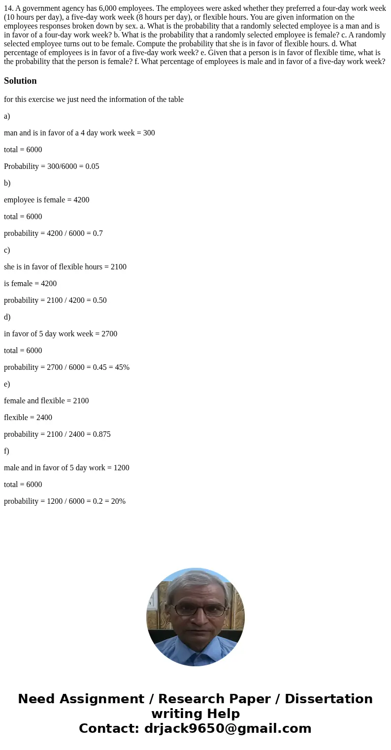 14. A government agency has 6,000 employees. The employees were asked whether they preferred a four-day work week (10 hours per day), a five-day work week (8 h  14. A government agency has 6,000 employees. The employees were asked whether they preferred a four-day work week (10 hours per day), a five-day work week (8 h