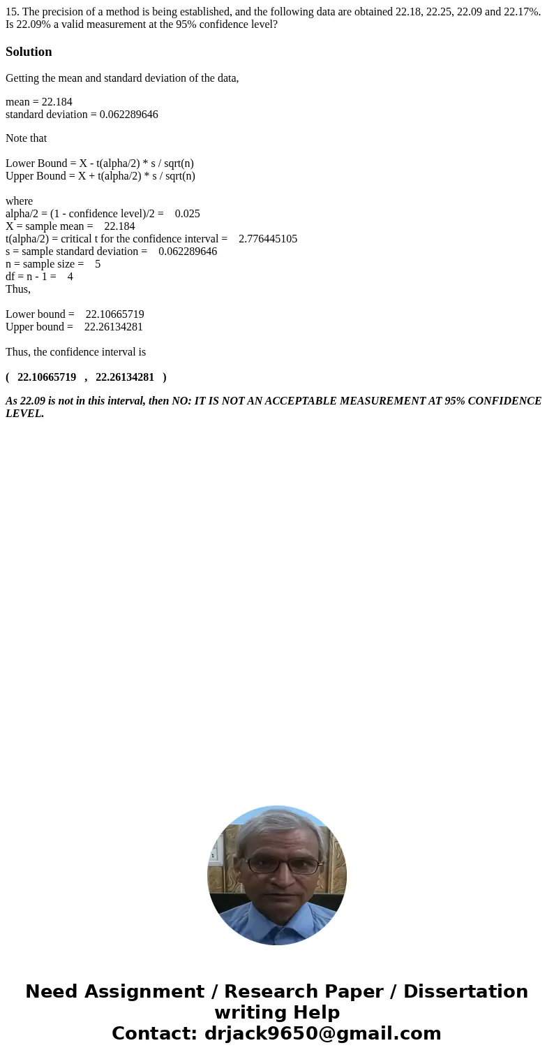 15. The precision of a method is being established, and the following data are obtained 22.18, 22.25, 22.09 and 22.17%. Is 22.09% a valid measurement at the 95  15. The precision of a method is being established, and the following data are obtained 22.18, 22.25, 22.09 and 22.17%. Is 22.09% a valid measurement at the 95