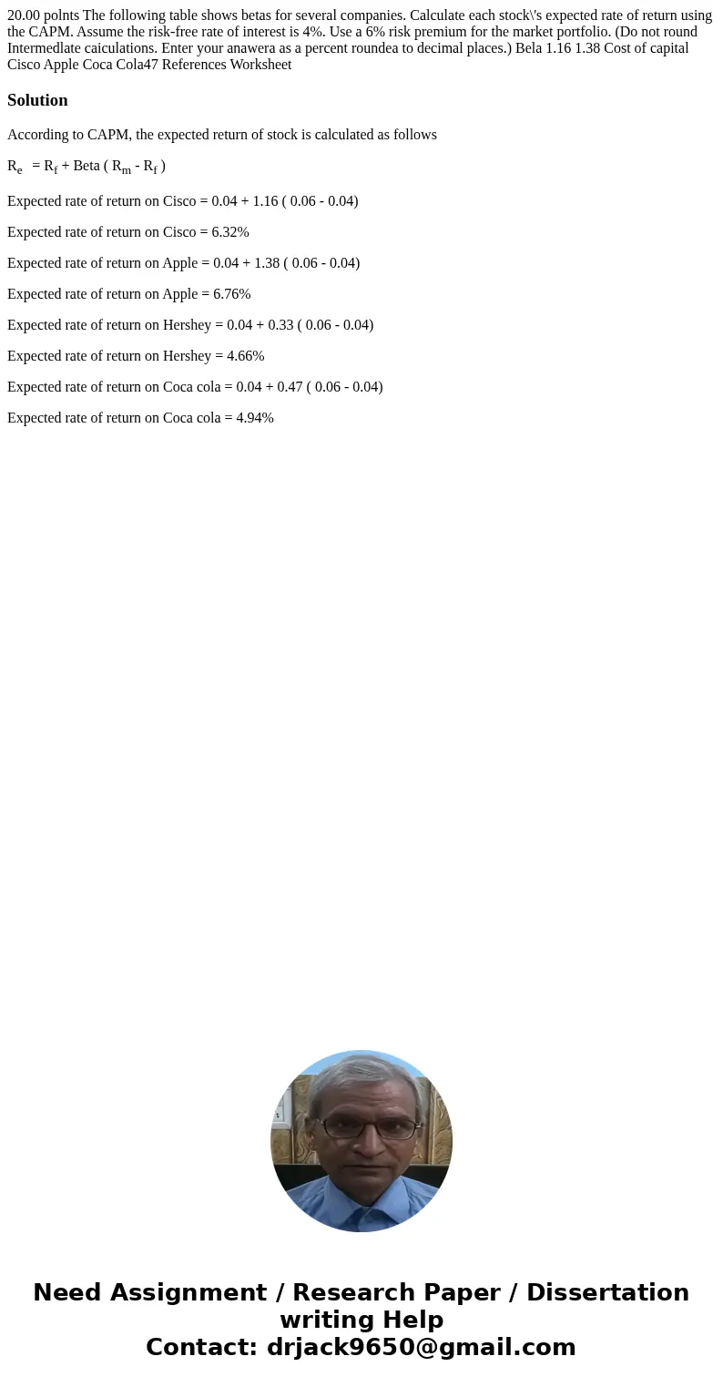 20.00 polnts The following table shows betas for several companies. Calculate each stock\'s expected rate of return using the CAPM. Assume the risk-free rate o  20.00 polnts The following table shows betas for several companies. Calculate each stock\'s expected rate of return using the CAPM. Assume the risk-free rate o