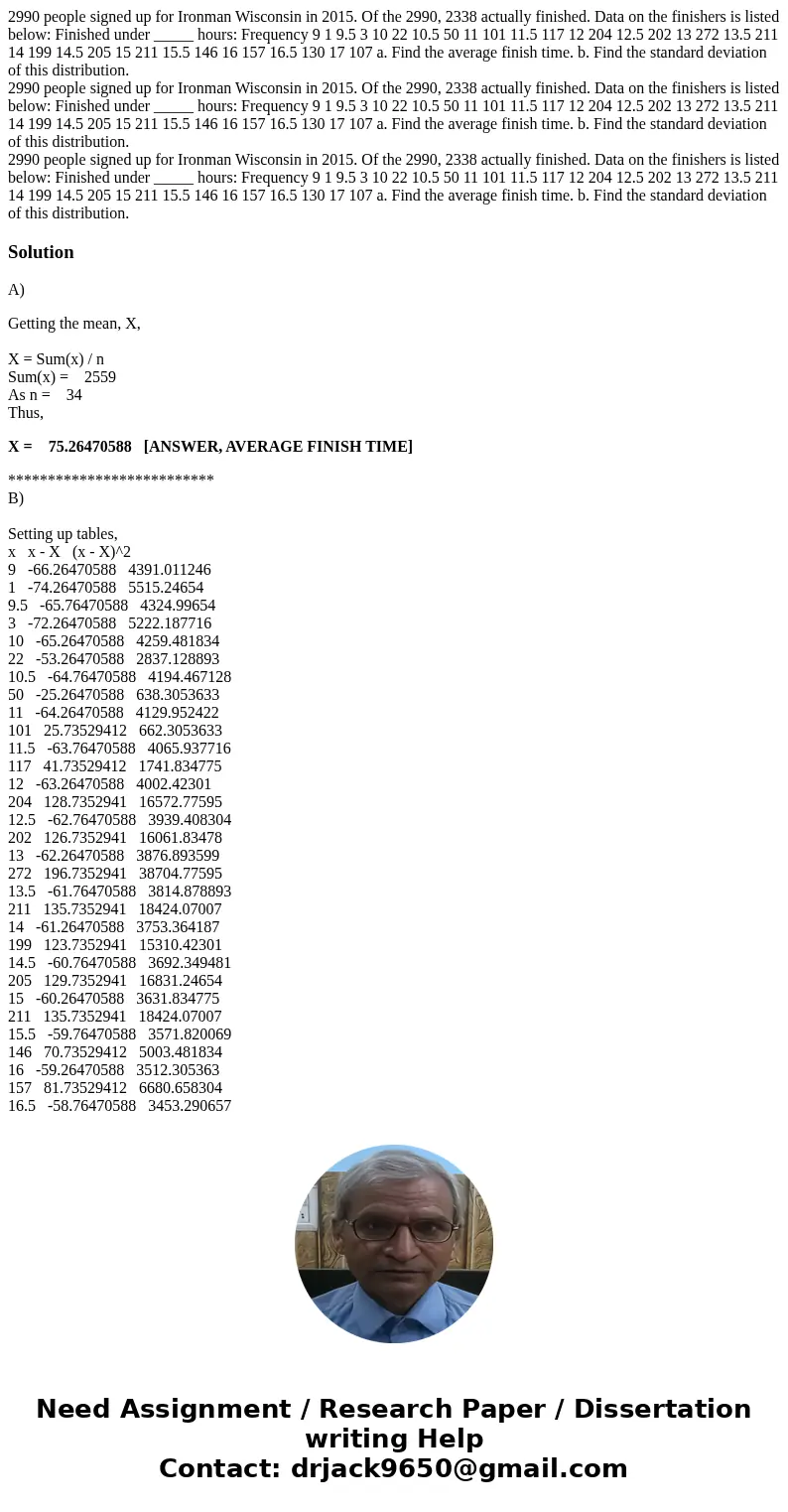 2990 people signed up for Ironman Wisconsin in 2015. Of the 2990, 2338 actually finished. Data on the finishers is listed below: Finished under _____ hours: Fr  2990 people signed up for Ironman Wisconsin in 2015. Of the 2990, 2338 actually finished. Data on the finishers is listed below: Finished under _____ hours: Fr