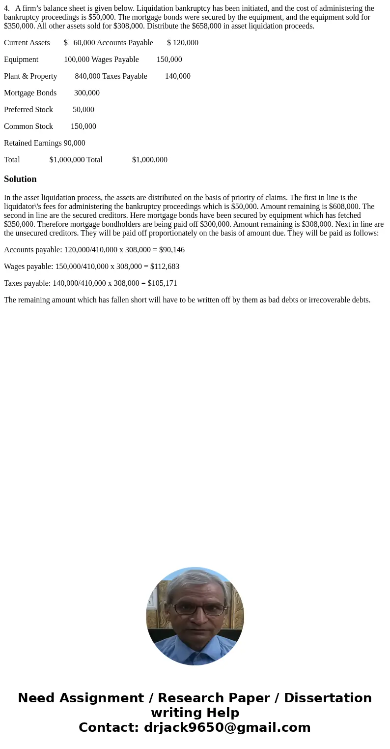 4. A firm’s balance sheet is given below. Liquidation bankruptcy has been initiated, and the cost of administering the bankruptcy proceedings is $50,000. The mo