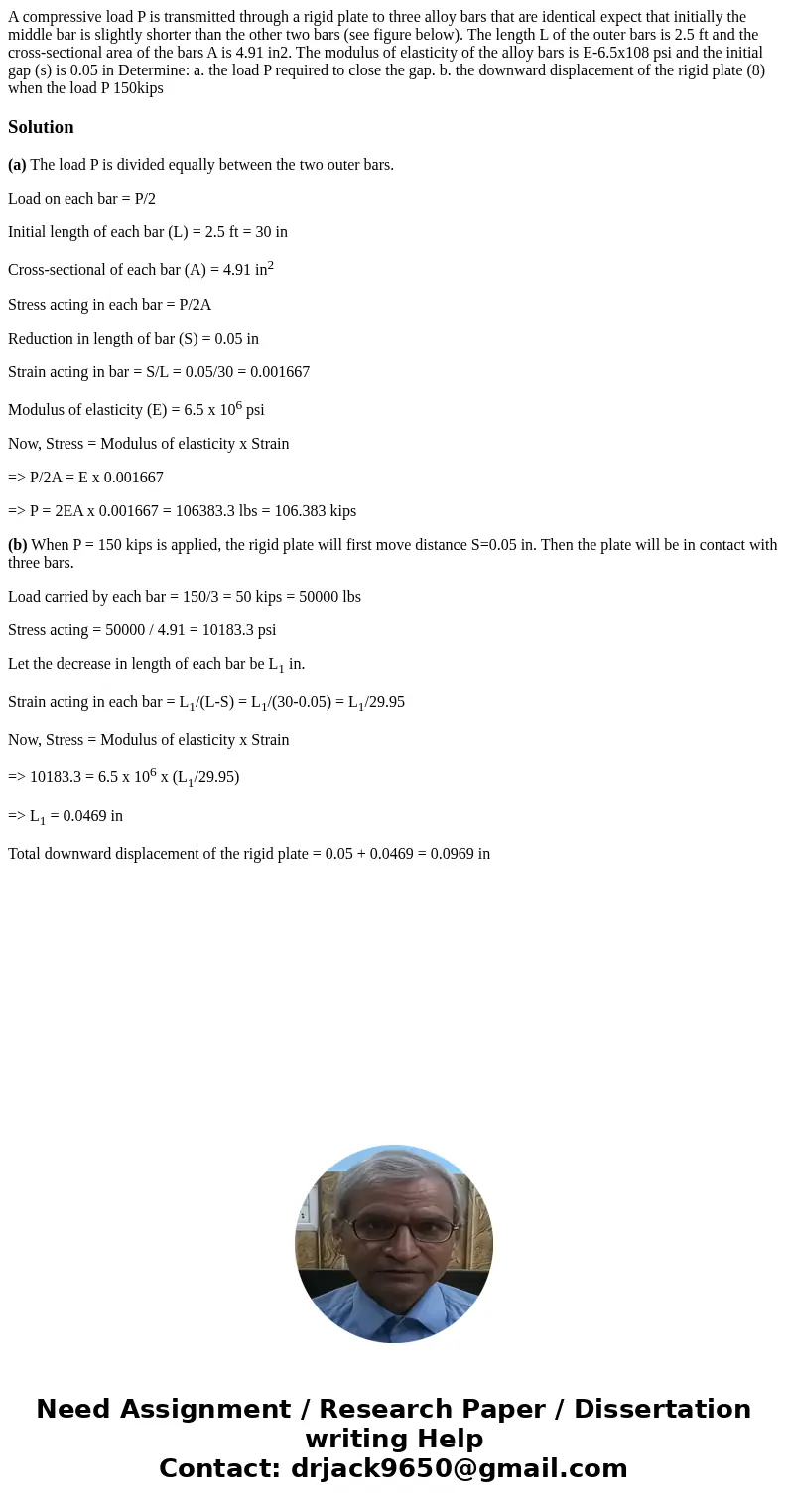  A compressive load P is transmitted through a rigid plate to three alloy bars that are identical expect that initially the middle bar is slightly shorter than 