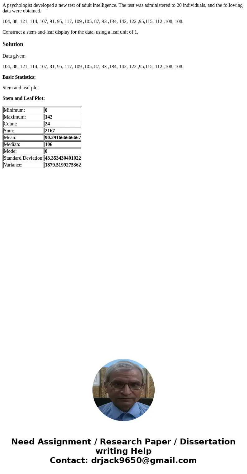 A psychologist developed a new test of adult intelligence. The test was administered to 20 individuals, and the following data were obtained. 104, 88, 121, 114, A psychologist developed a new test of adult intelligence. The test was administered to 20 individuals, and the following data were obtained. 104, 88, 121, 114,